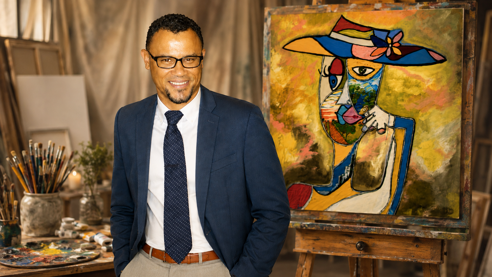 Ennio Polanco in an artist studio beside one of his original paintings