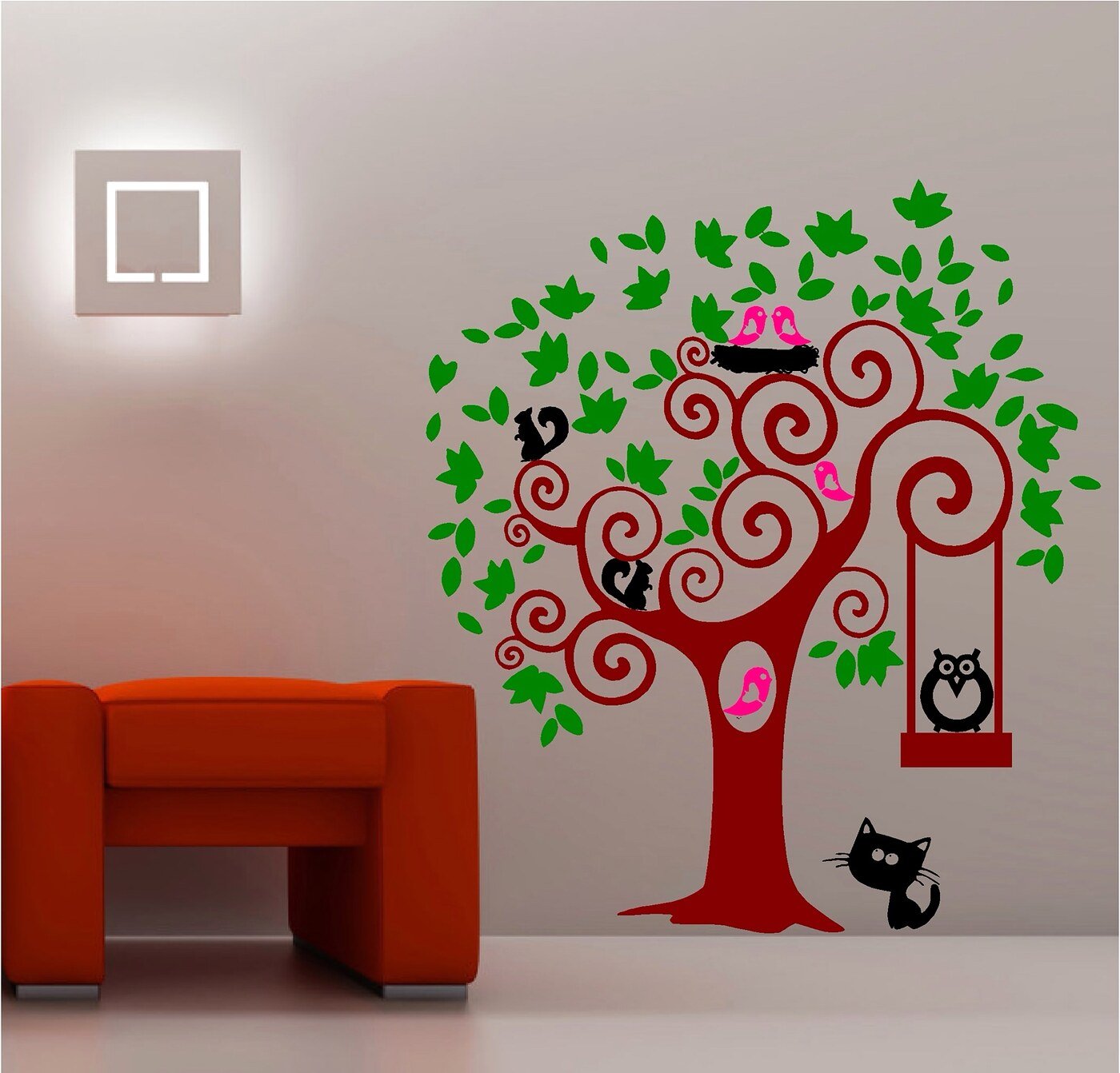 Whimsical red tree children's room design reference