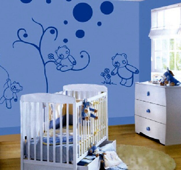 Blue nursery character mural design reference